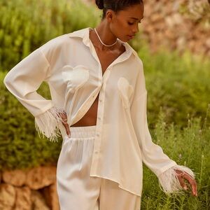 Anthropologie Heart White Feather-Trimmed Pajama Set